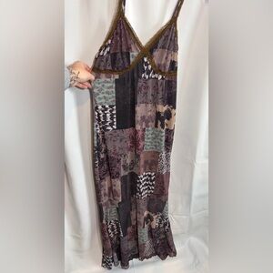 Woman’s Black Patchwork Maxi Dress with Brown Lace Trim Large